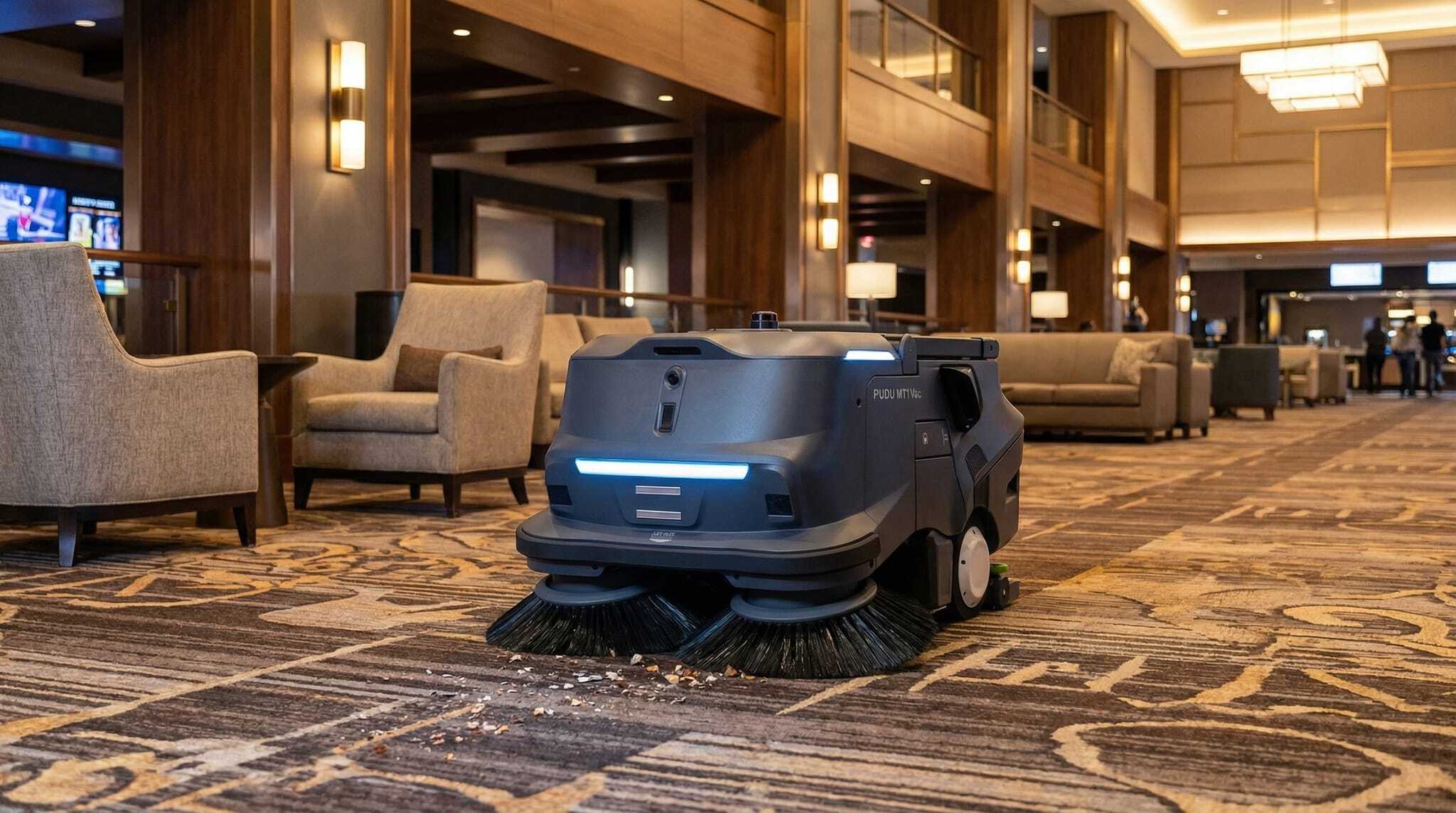 Pudu MT1 Vac cleaning an entertainment venue lobby