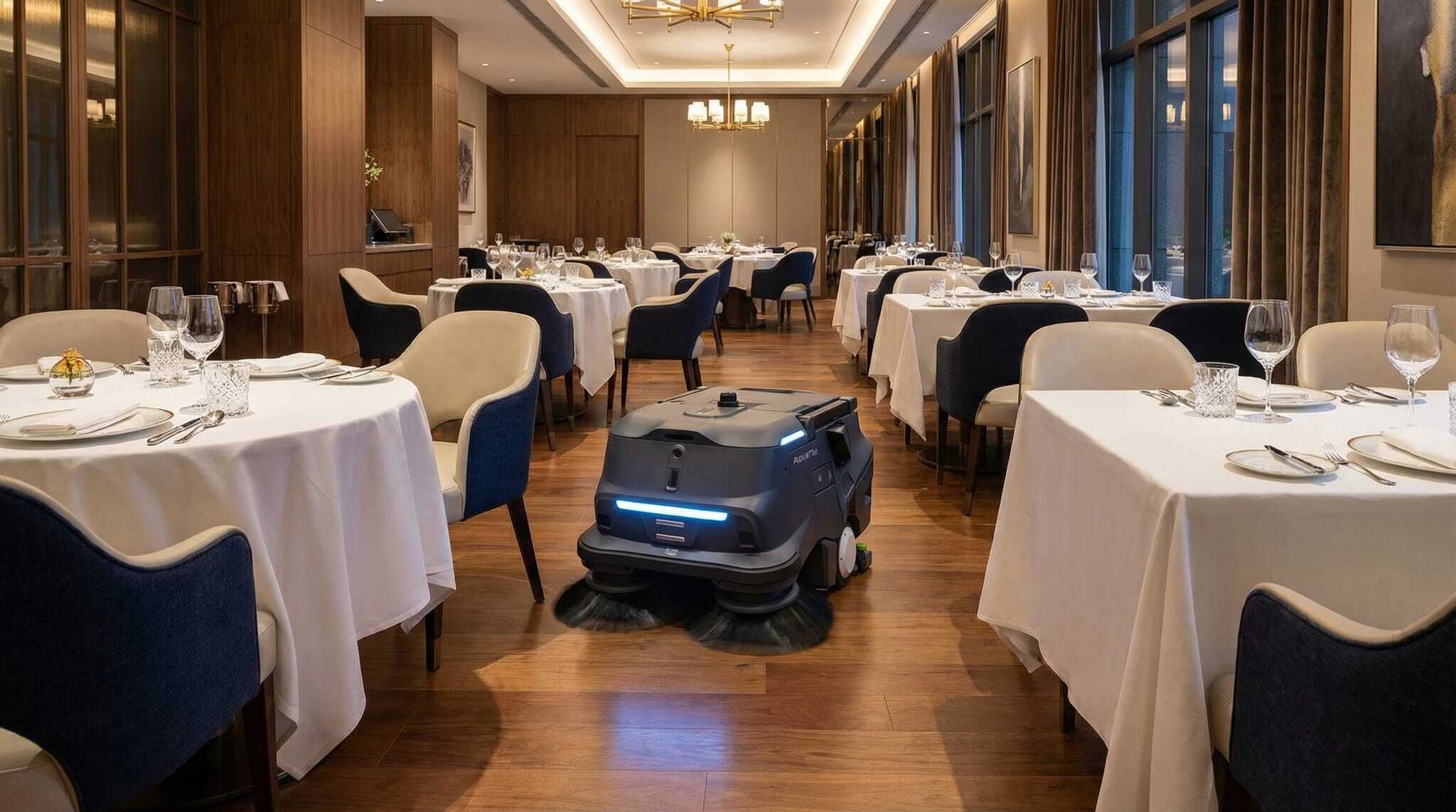Pudu MT1 Vac cleaning a restaurant dining area
