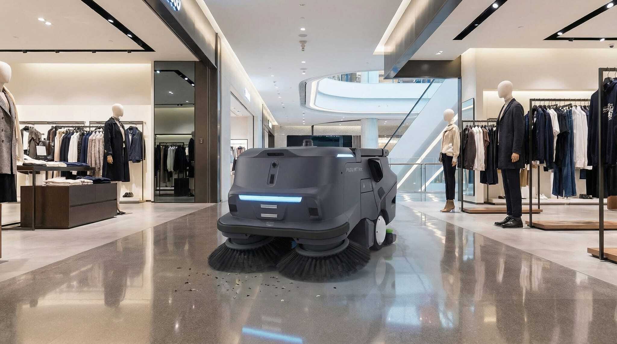 Pudu MT1 Vac cleaning a modern retail shopping floor