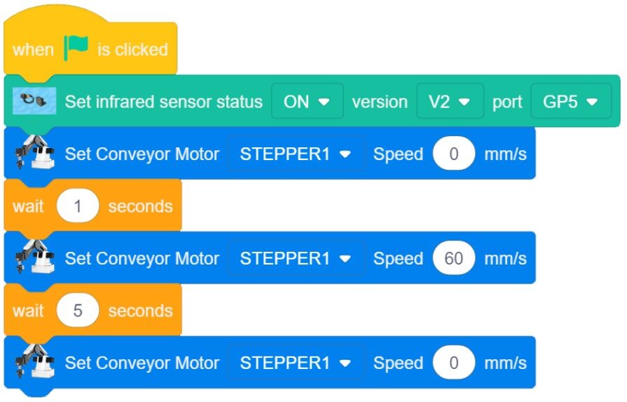 Sample Blockly code turning on conveyor