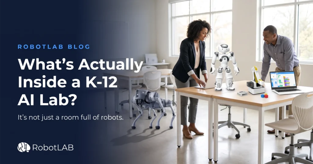 Two educators setting up a K-12 AI Lab with a NAO humanoid robot, a robotic arm, and a Unitree Go2 quadruped