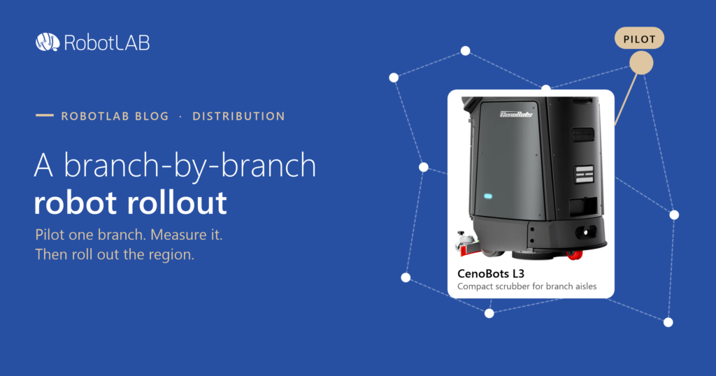 CenoBots L3 compact scrubber for branch warehouse aisles