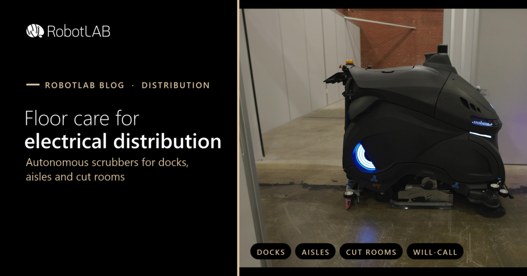 Autonomous floor scrubber robot in an electrical distribution center