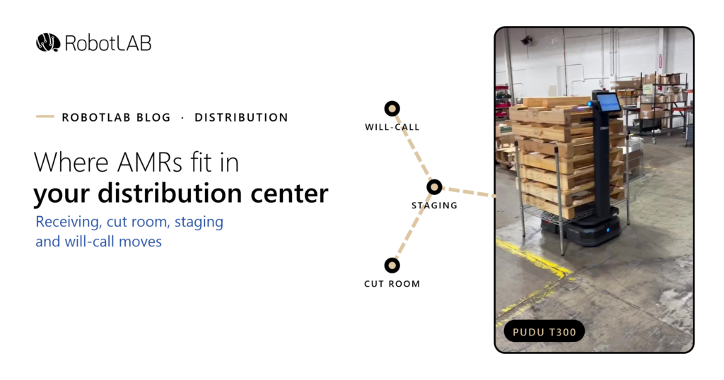 Pudu T300 autonomous mobile robot moving material in a distribution center