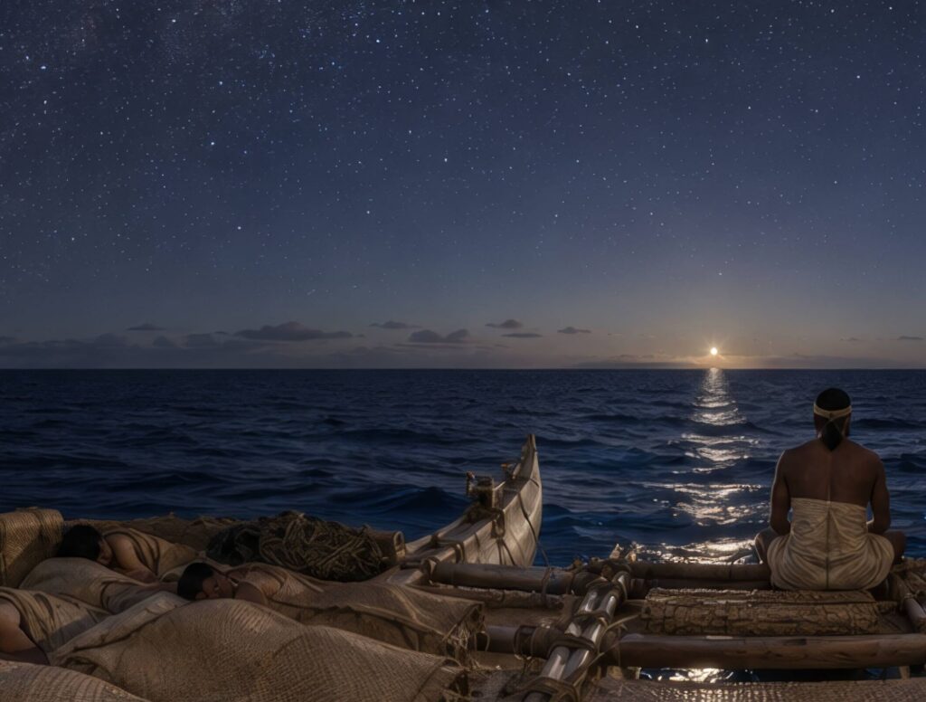 A voyaging canoe on the open Pacific at night, about 1000 CE, a scene from the Greatest Civilizations library